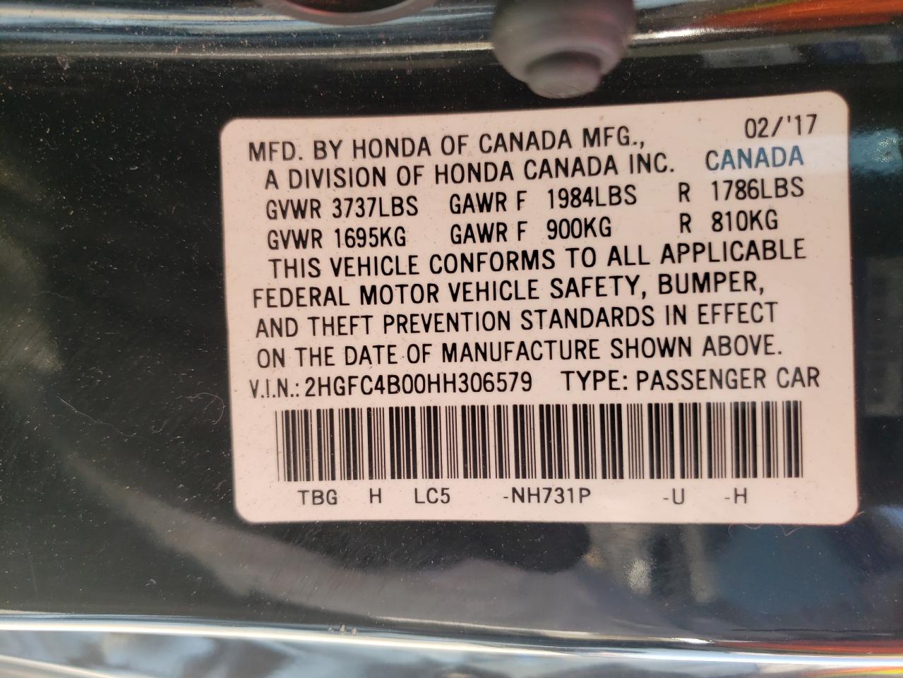 Photo 10 from auction – 2017 HONDA CIVIC LX with VIN 2HGFC4B00HH306579