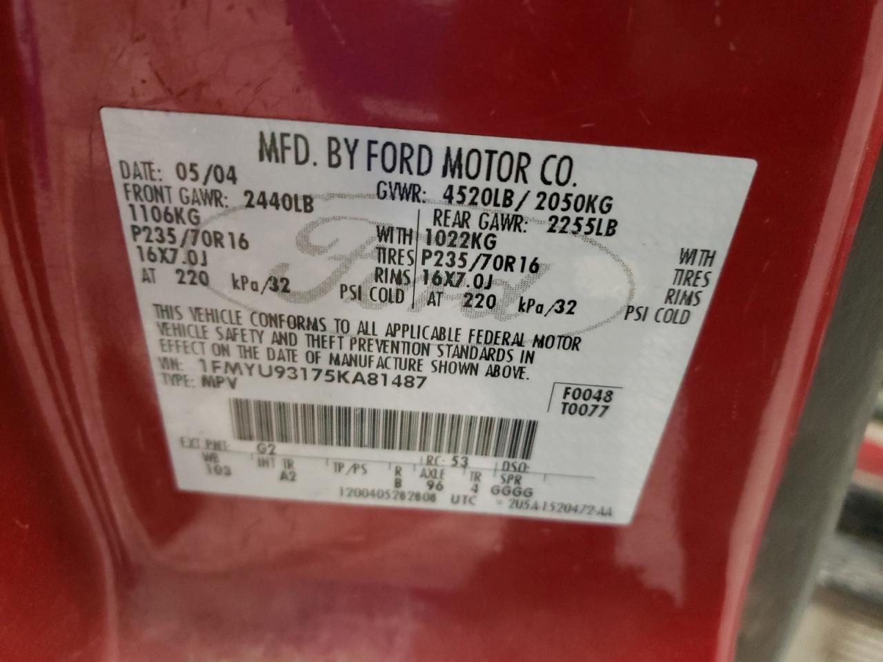 Photo 10 from auction – 2005 FORD ESCAPE XLT with VIN 1FMYU93175KA81487