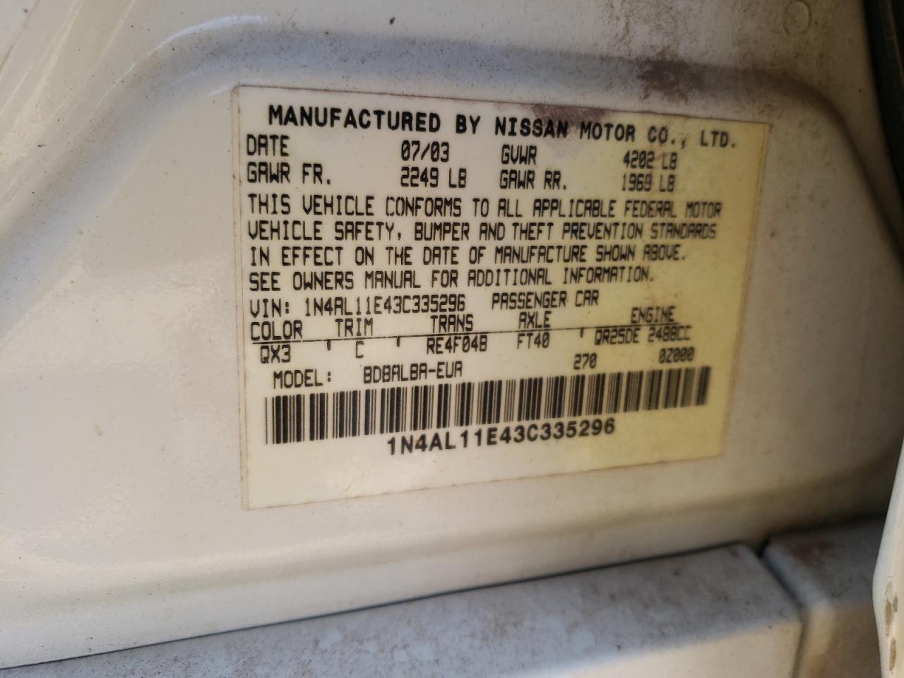 Photo 10 from auction – 2003 NISSAN ALTIMA BAS with VIN 1N4AL11E43C335296