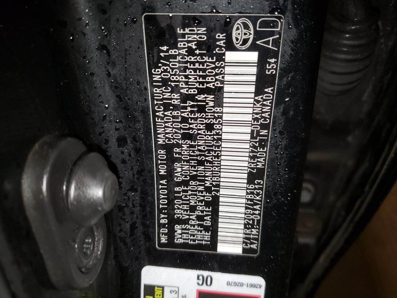 Photo 10 from auction – 2014 TOYOTA COROLLA L with VIN 2T1BURHE5EC138518