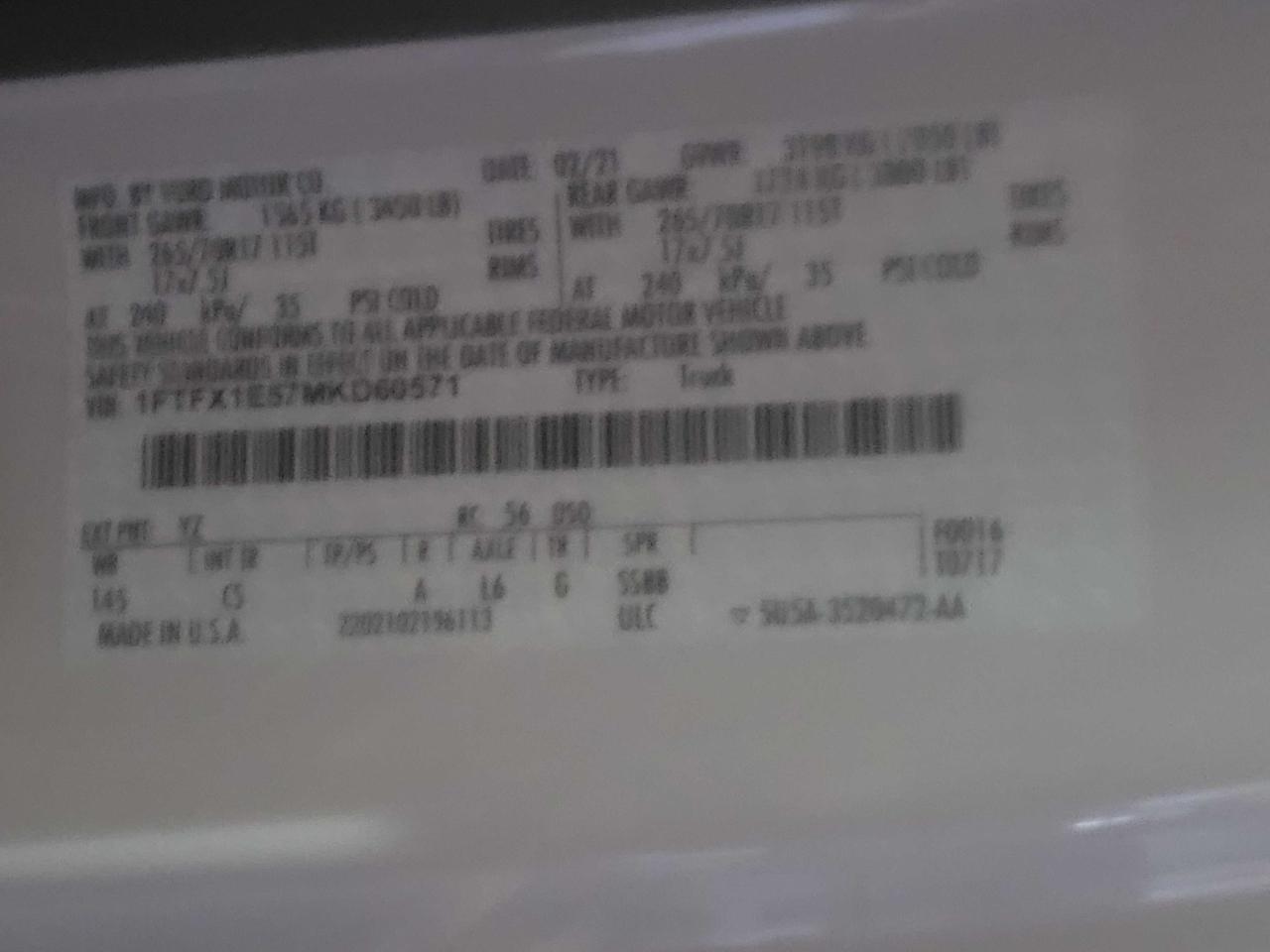 Photo 10 from auction – 2021 FORD F150 SUPER with VIN 1FTFX1E57MKD60571