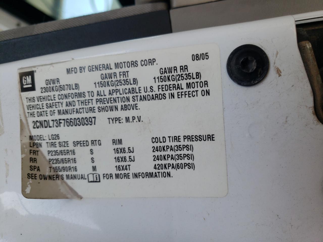 Photo 10 from auction – 2006 CHEVROLET EQUINOX LT with VIN 2CNDL73F766030397