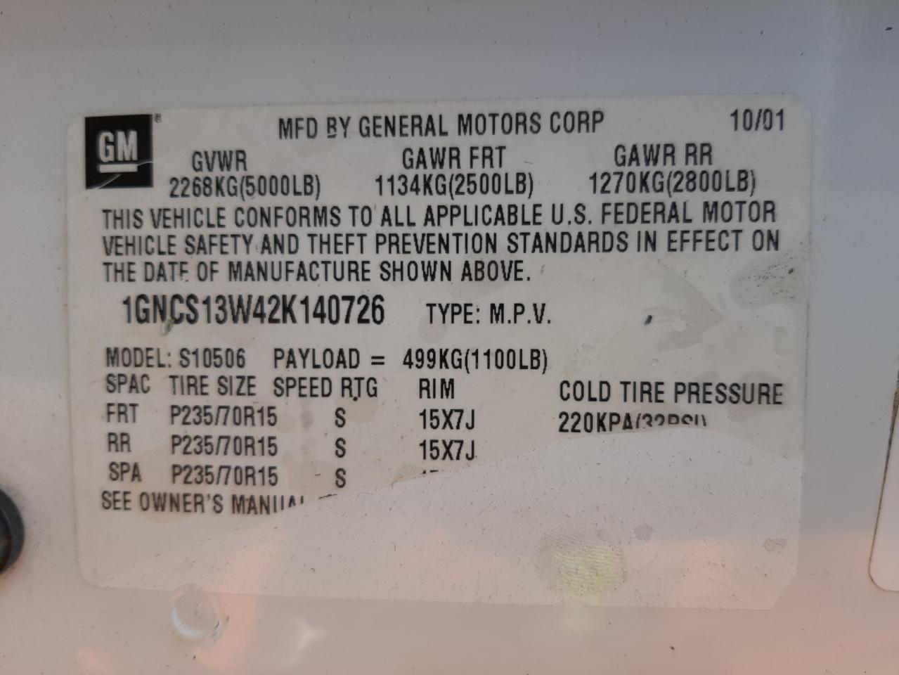 Photo 10 from auction – 2002 CHEVROLET BLAZER with VIN 1GNCS13W42K140726