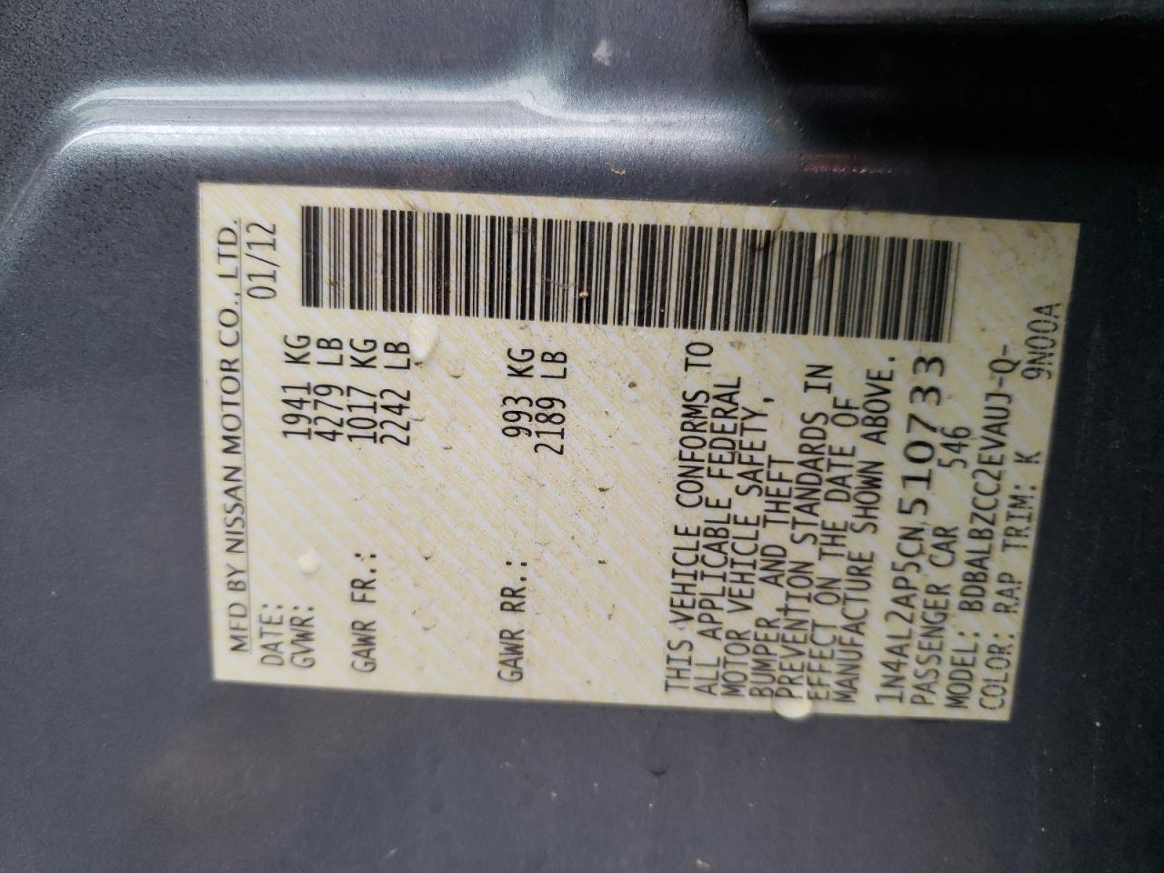 Photo 10 from auction – 2012 NISSAN ALTIMA BAS with VIN 1N4AL2AP5CN510733