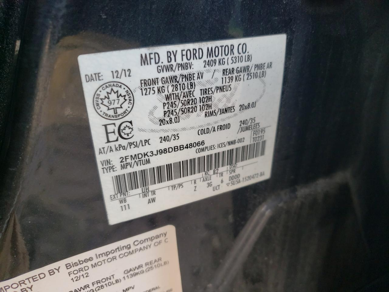 Photo 10 from auction – 2013 FORD EDGE SEL with VIN 2FMDK3J98DBB48066