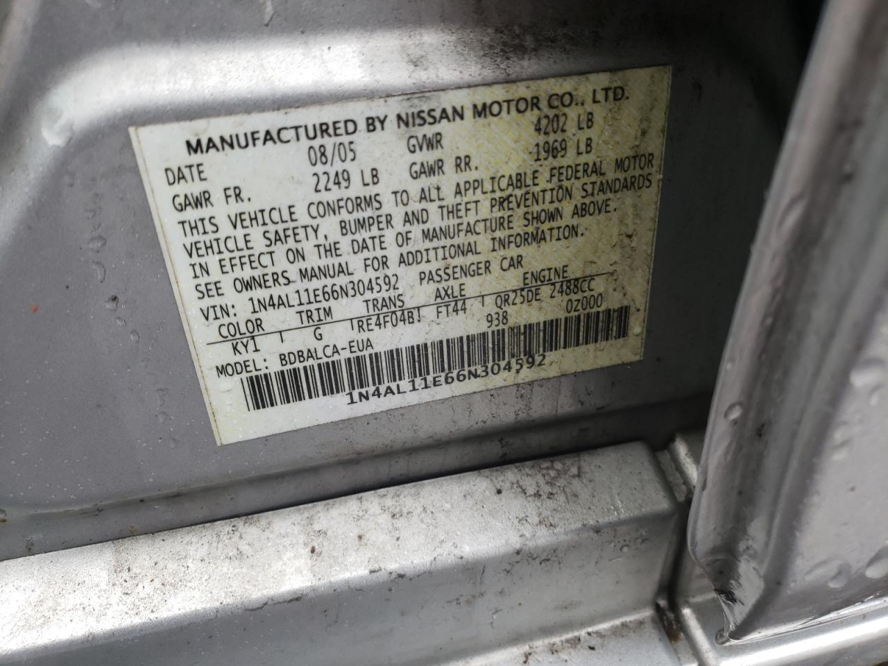 Photo 10 from auction – 2006 NISSAN ALTIMA S with VIN 1N4AL11E66N304592