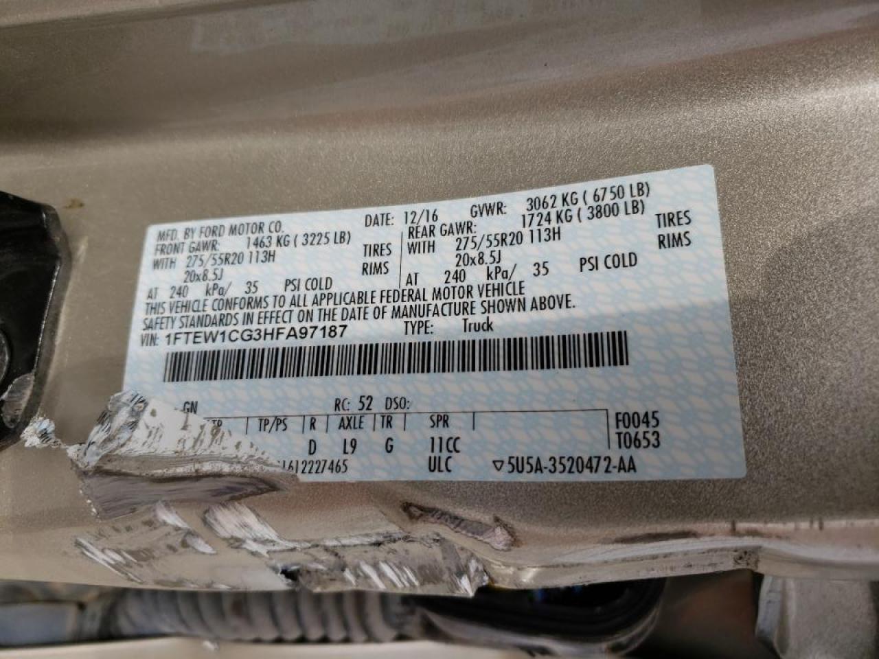 Photo 10 from auction – 2017 FORD F150 SUPER with VIN 1FTEW1CG3HFA97187