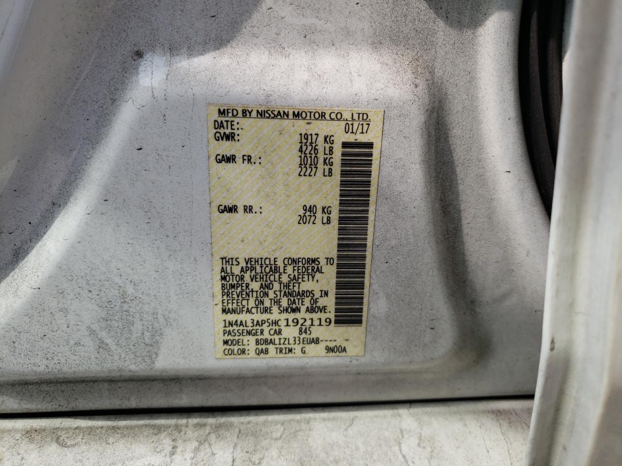 Photo 10 from auction – 2017 NISSAN ALTIMA 2.5 with VIN 1N4AL3AP5HC192119