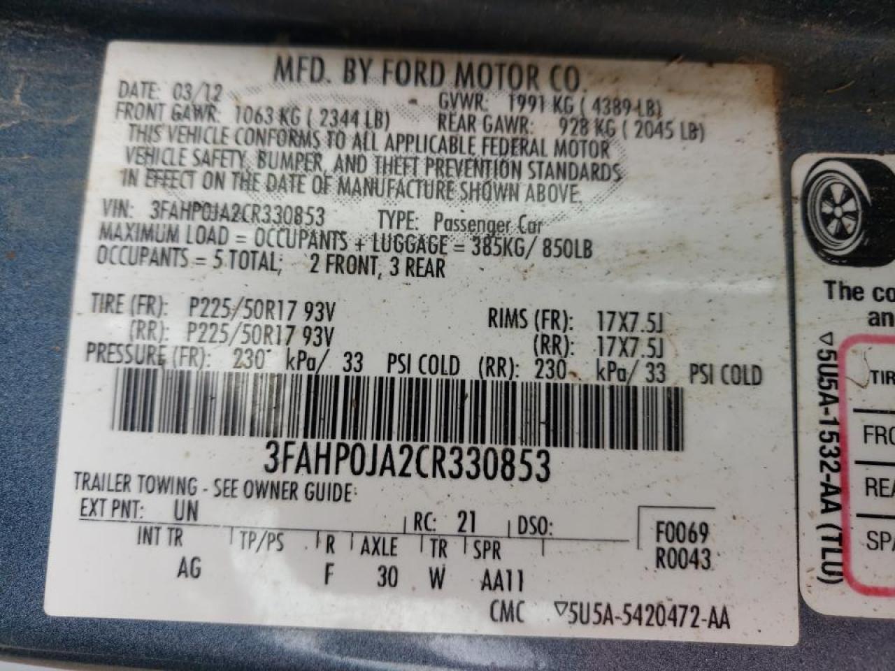 Photo 10 from auction – 2012 FORD FUSION SEL with VIN 3FAHP0JA2CR330853