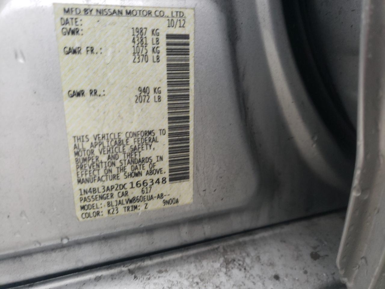 Photo 10 from auction – 2013 NISSAN ALTIMA 3.5 with VIN 1N4BL3AP2DC166348
