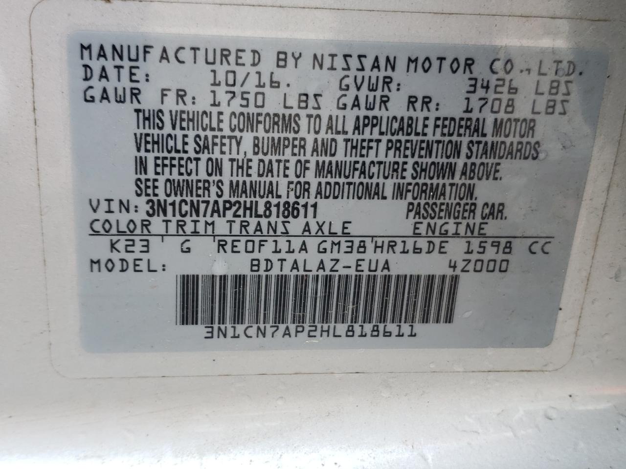 Photo 10 from auction – 2017 NISSAN VERSA S with VIN 3N1CN7AP2HL818611
