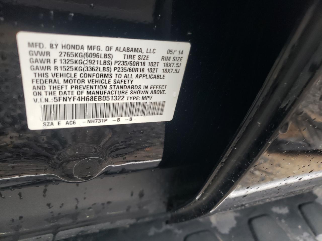 Photo 10 from auction – 2014 HONDA PILOT EXL with VIN 5FNYF4H68EB051322
