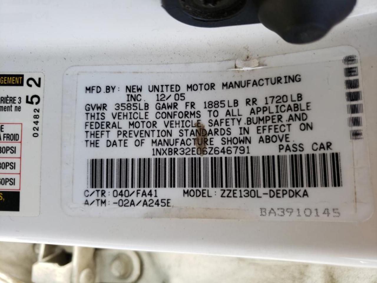 Photo 10 from auction – 2006 TOYOTA COROLLA CE with VIN 1NXBR32E06Z646791