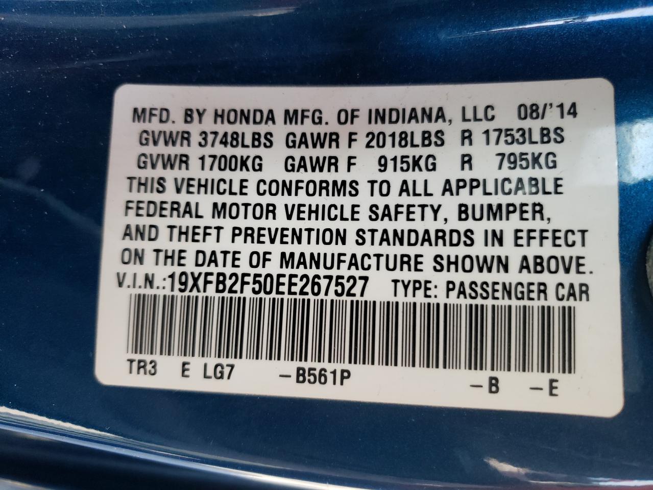 Photo 10 from auction – 2014 HONDA CIVIC LX with VIN 19XFB2F50EE267527