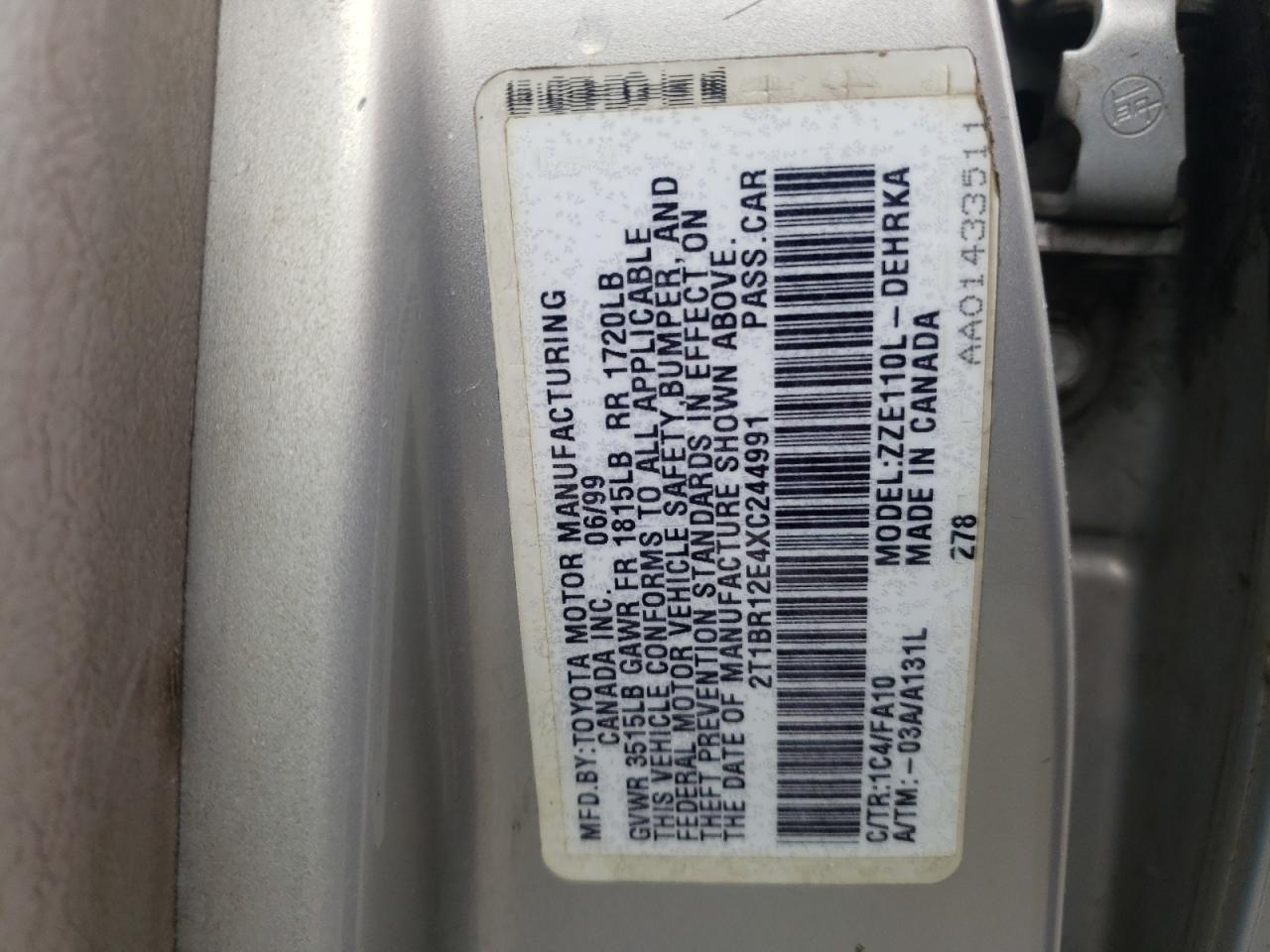 Photo 10 from auction – 1999 TOYOTA COROLLA VE with VIN 2T1BR12E4XC244991