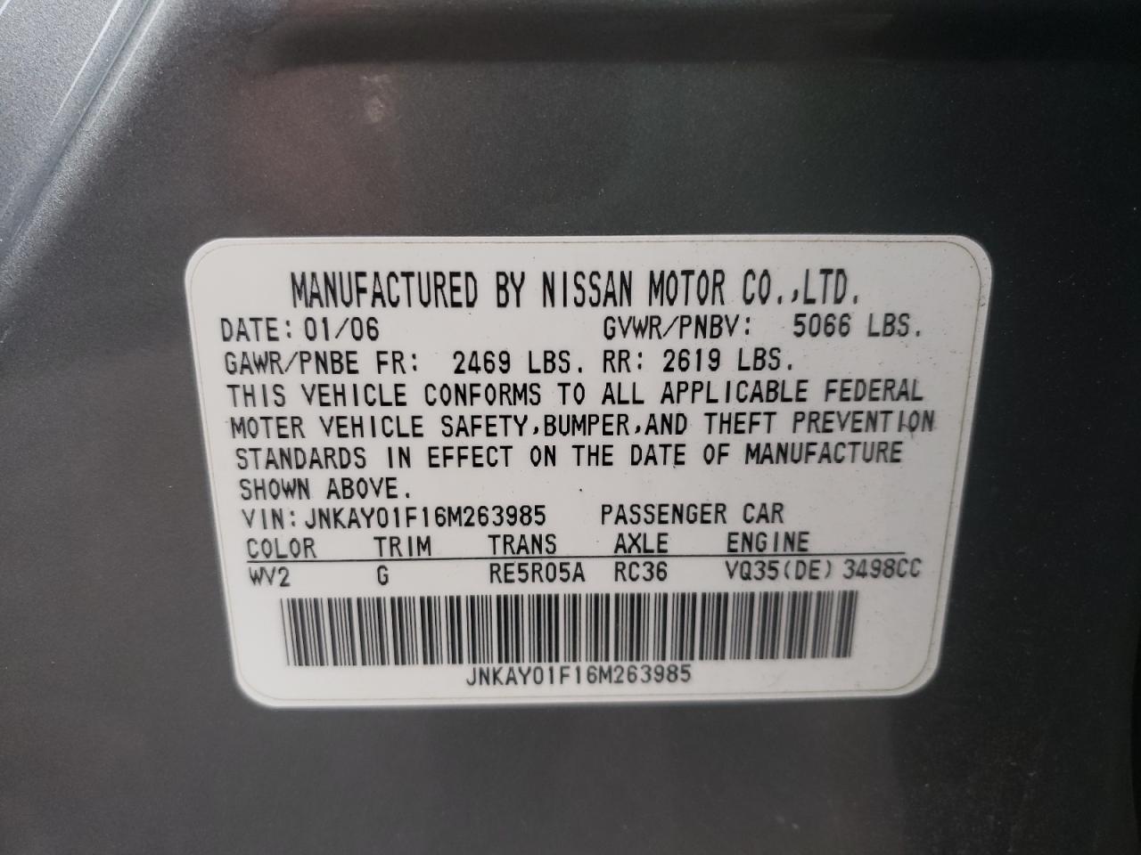 Photo 10 from auction – 2006 INFINITI M35 BASE with VIN JNKAY01F16M263985