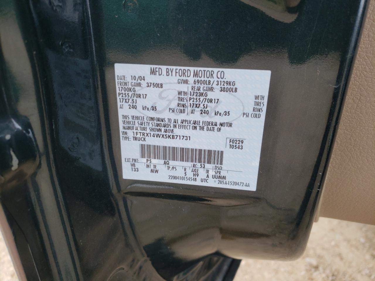Photo 10 from auction – 2005 FORD F150 with VIN 1FTRX14WX5KB71731