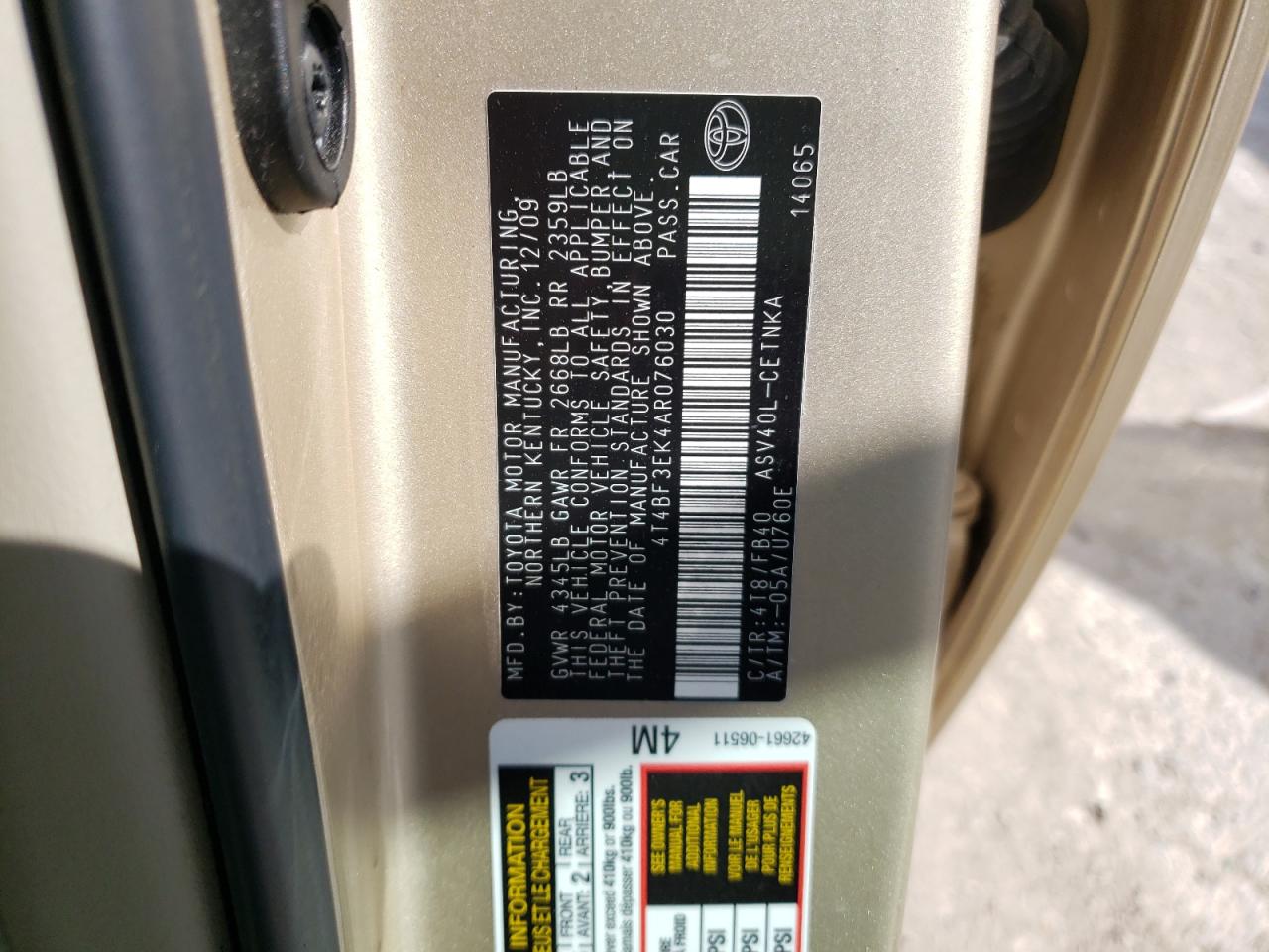 Photo 10 from auction – 2010 TOYOTA CAMRY BASE with VIN 4T4BF3EK4AR076030