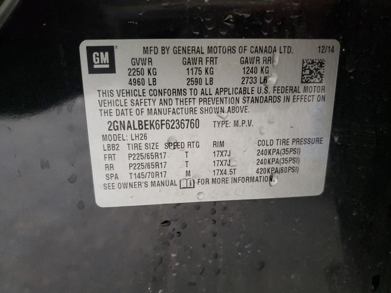 Photo 10 from auction – 2015 CHEVROLET EQUINOX LT with VIN 2GNALBEK6F6236760