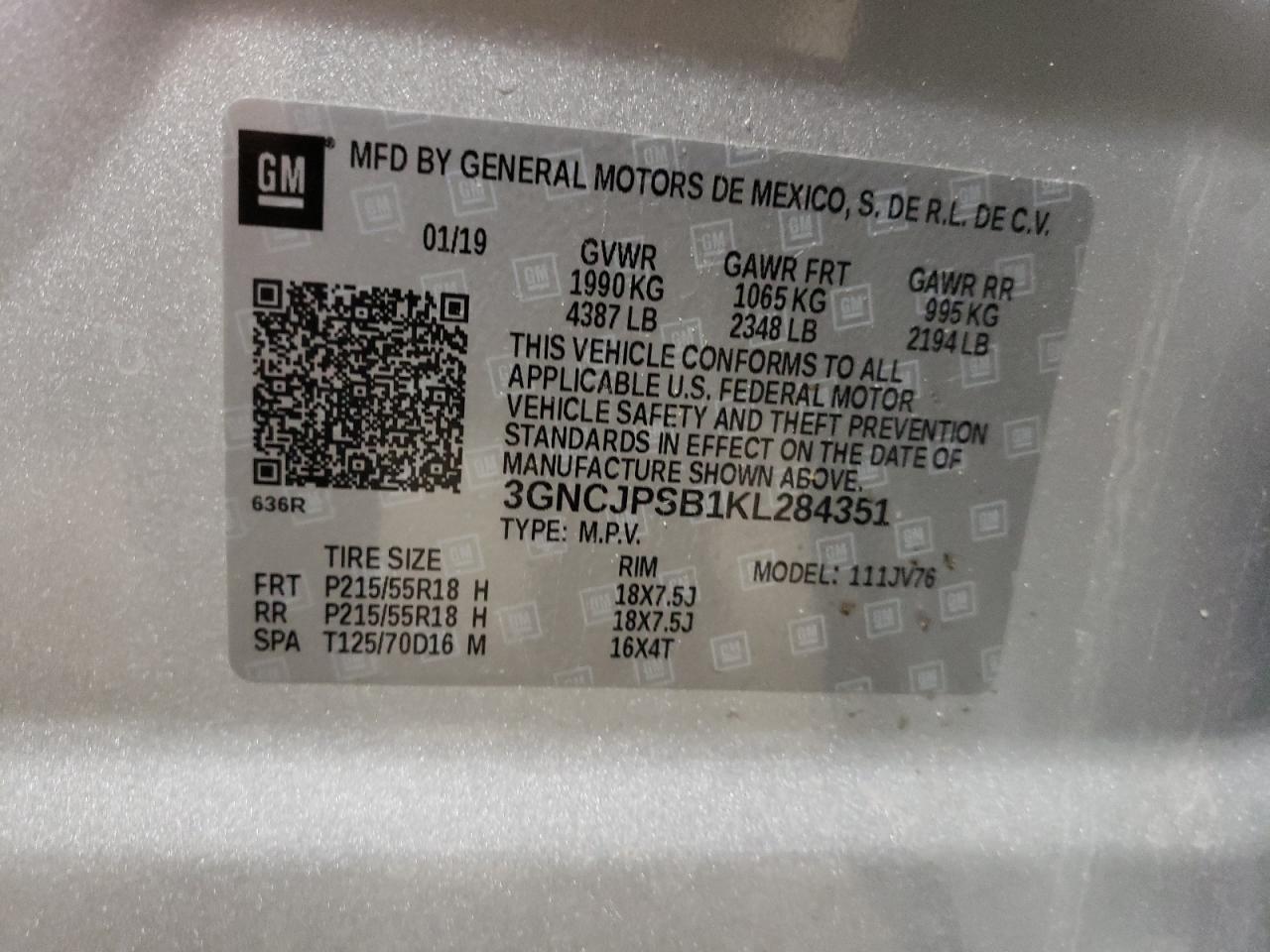 Photo 10 from auction – 2019 CHEVROLET TRAX 1LT with VIN 3GNCJPSB1KL284351