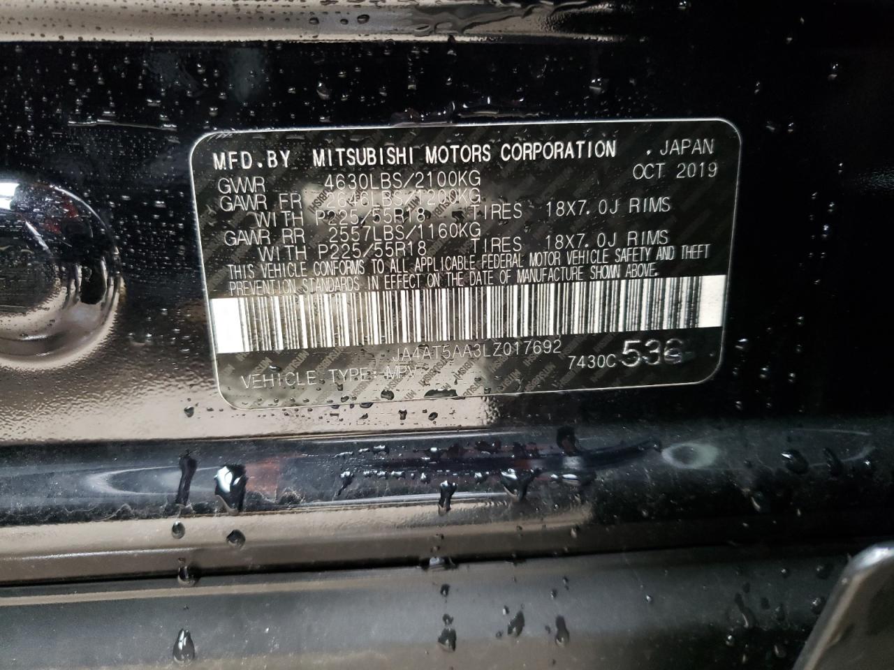 Photo 10 from auction – 2020 MITSUBISHI ECLIPSE CR with VIN JA4AT5AA3LZ017692
