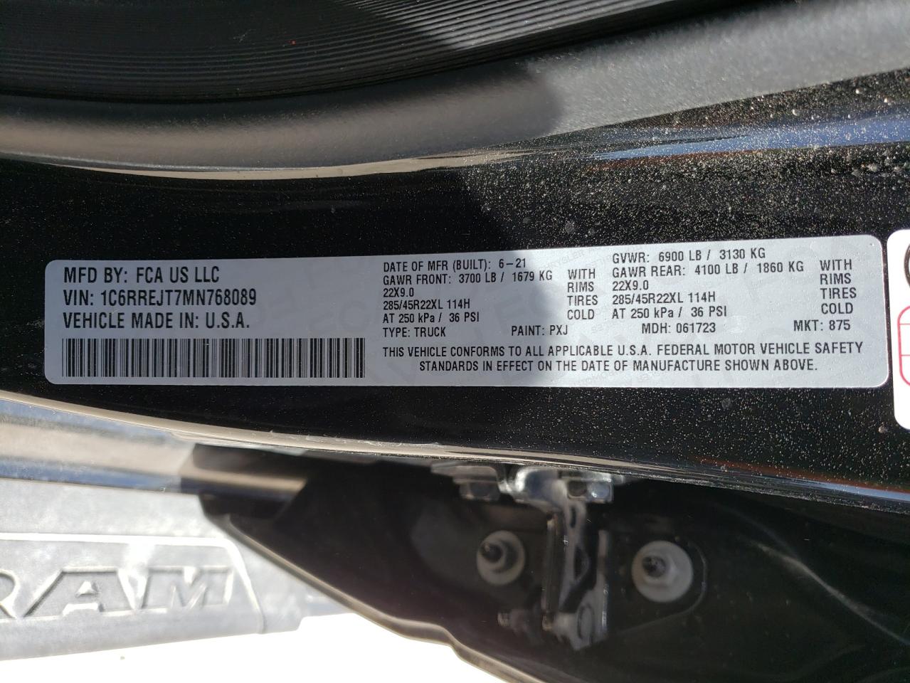 Photo 10 from auction – 2021 RAM 1500 LARAM with VIN 1C6RREJT7MN768089