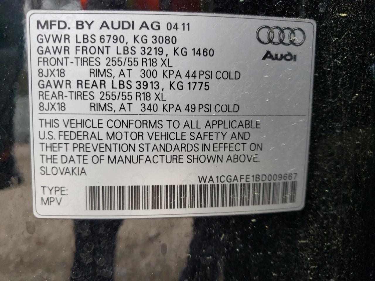 Photo 10 from auction – 2011 AUDI Q7 PREMIUM with VIN WA1CGAFE1BD009667
