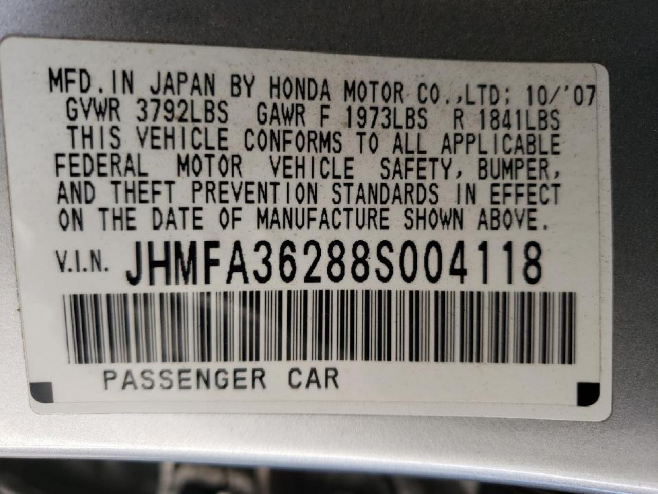 Photo 10 from auction – 2008 HONDA CIVIC with VIN JHMFA36288S004118