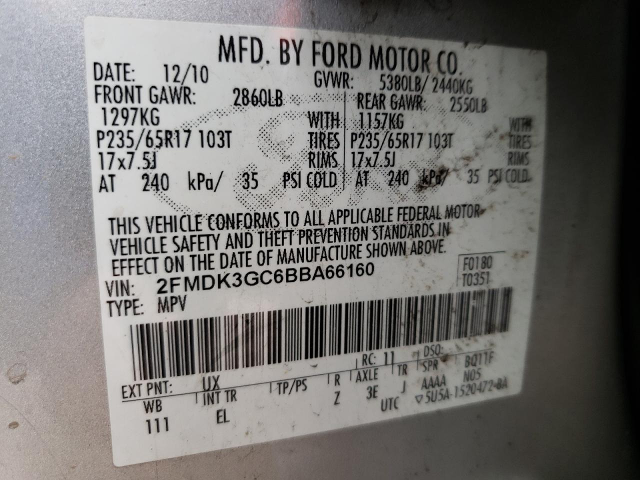 Photo 10 from auction – 2011 FORD EDGE SE with VIN 2FMDK3GC6BBA66160