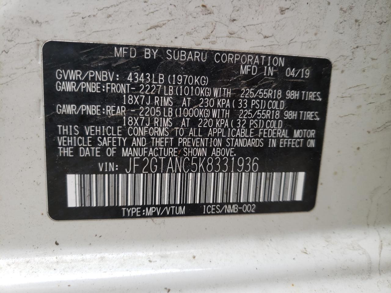 Photo 10 from auction – 2019 SUBARU CROSSTREK with VIN JF2GTANC5K8331936