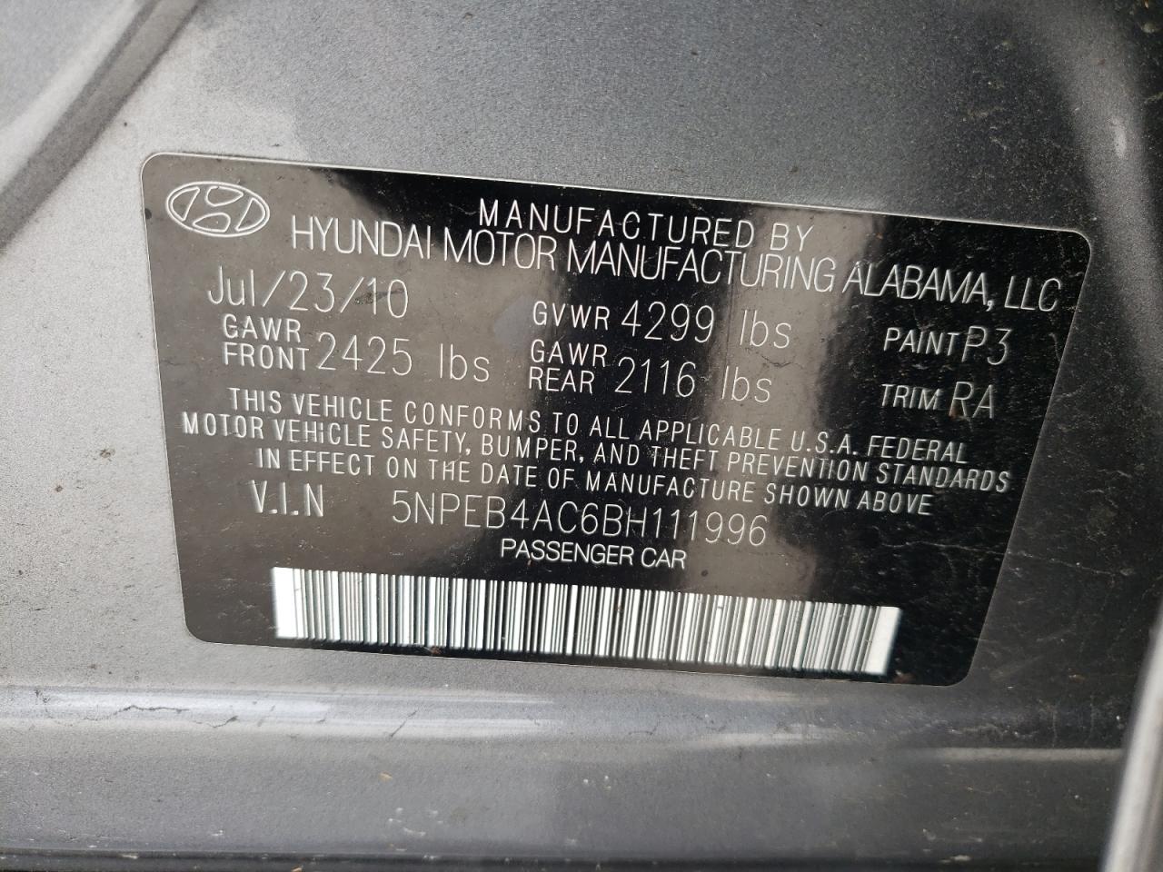 Photo 10 from auction – 2011 HYUNDAI SONATA GLS with VIN 5NPEB4AC6BH111996