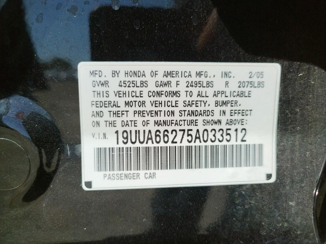 Photo 10 from auction – 2005 ACURA TL with VIN 19UUA66275A033512