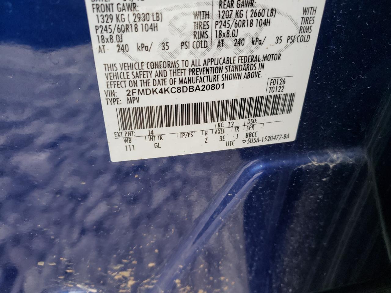 Photo 10 from auction – 2013 FORD EDGE LIMIT with VIN 2FMDK4KC8DBA20801