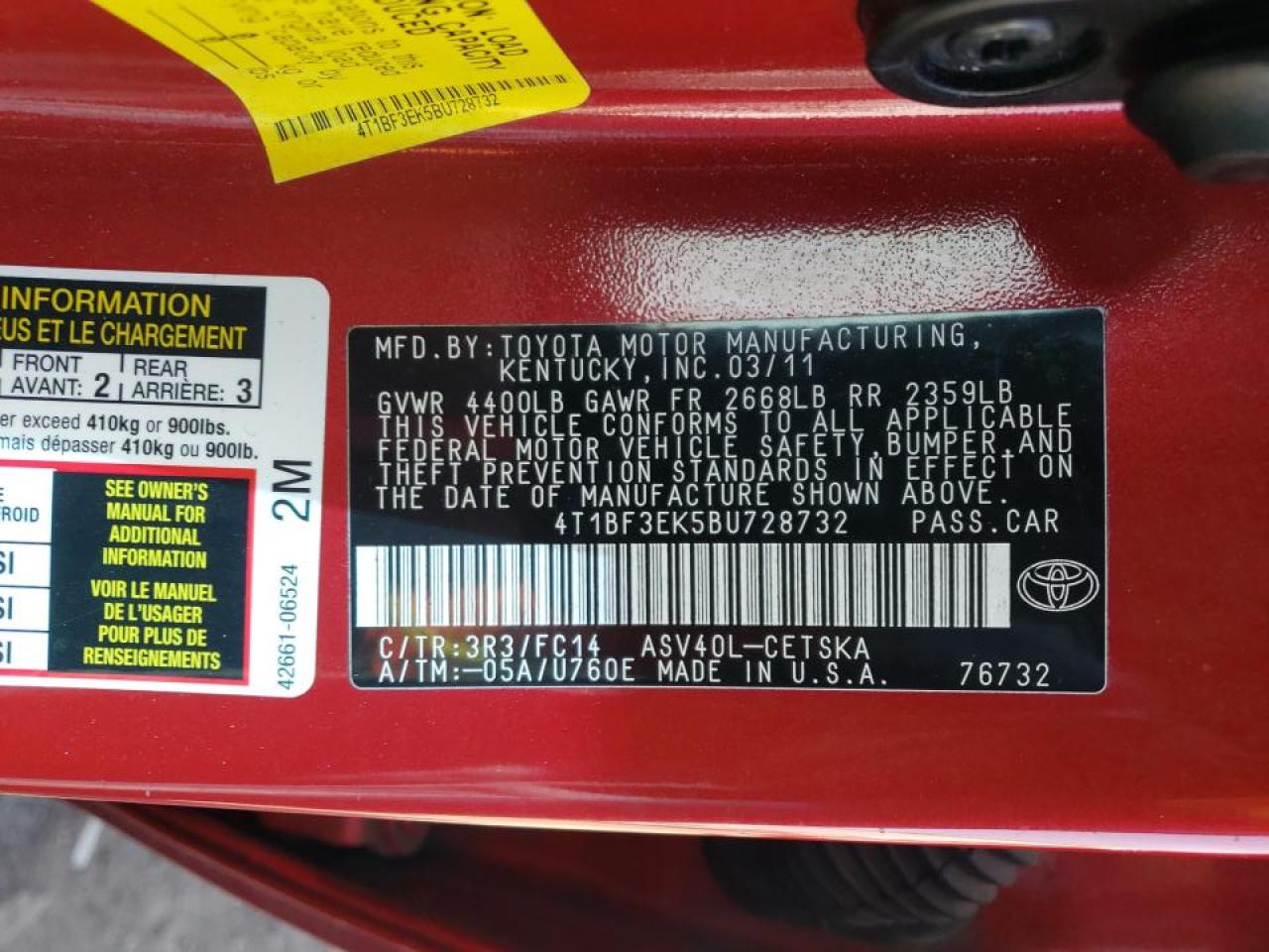 Photo 10 from auction – 2011 TOYOTA CAMRY BASE with VIN 4T1BF3EK5BU728732