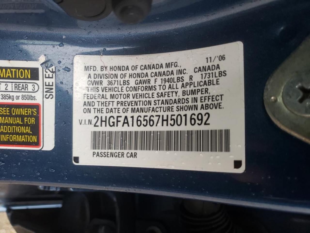 Photo 10 from auction – 2007 HONDA CIVIC LX with VIN 2HGFA16567H501692