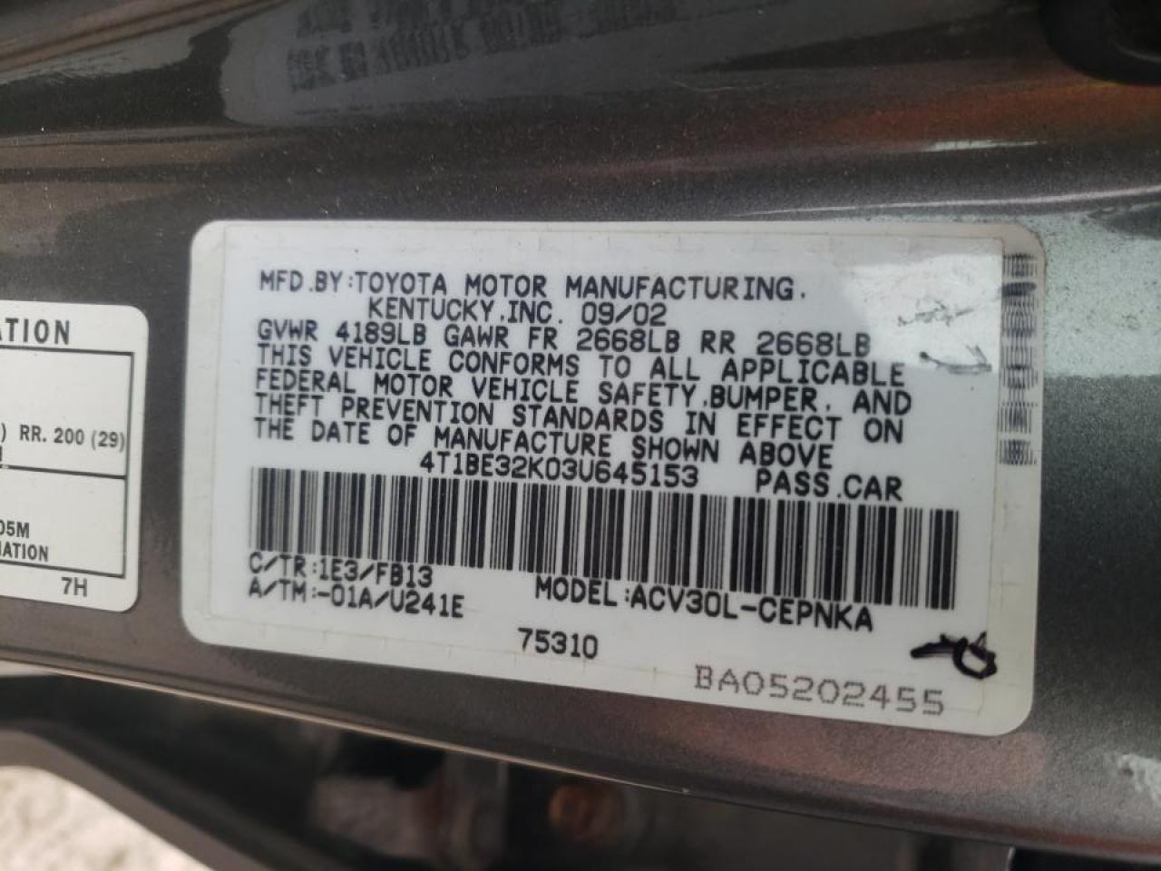Photo 10 from auction – 2003 TOYOTA CAMRY LE with VIN 4T1BE32K03U645153