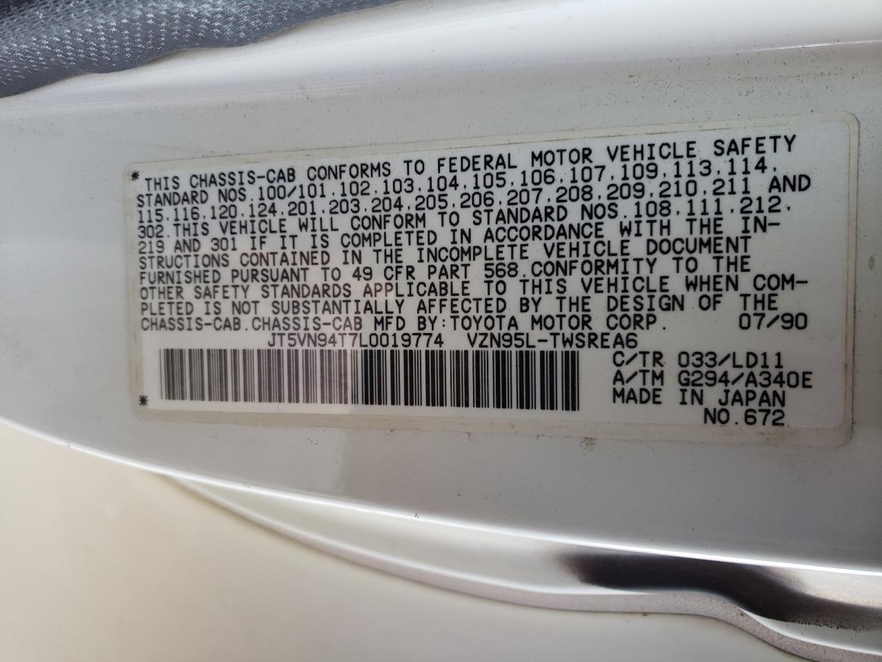 Photo 10 from auction – 1990 TOYOTA PICKUP CAB with VIN JT5VN94T7L0019774