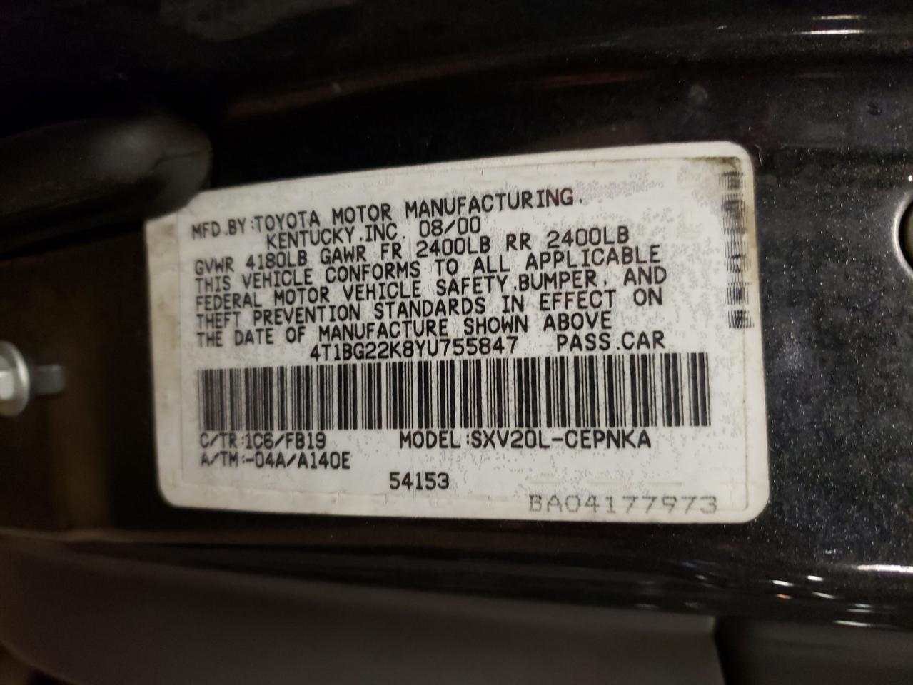 Photo 10 from auction – 2000 TOYOTA CAMRY CE with VIN 4T1BG22K8YU755847