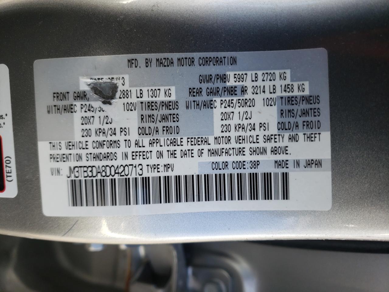 Photo 11 from auction – 2013 MAZDA CX-9 GRAND with VIN JM3TB3DA8D0420713