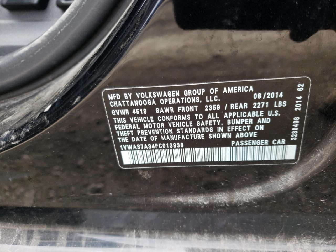 Photo 10 from auction – 2015 VOLKSWAGEN PASSAT S with VIN 1VWAS7A34FC013838