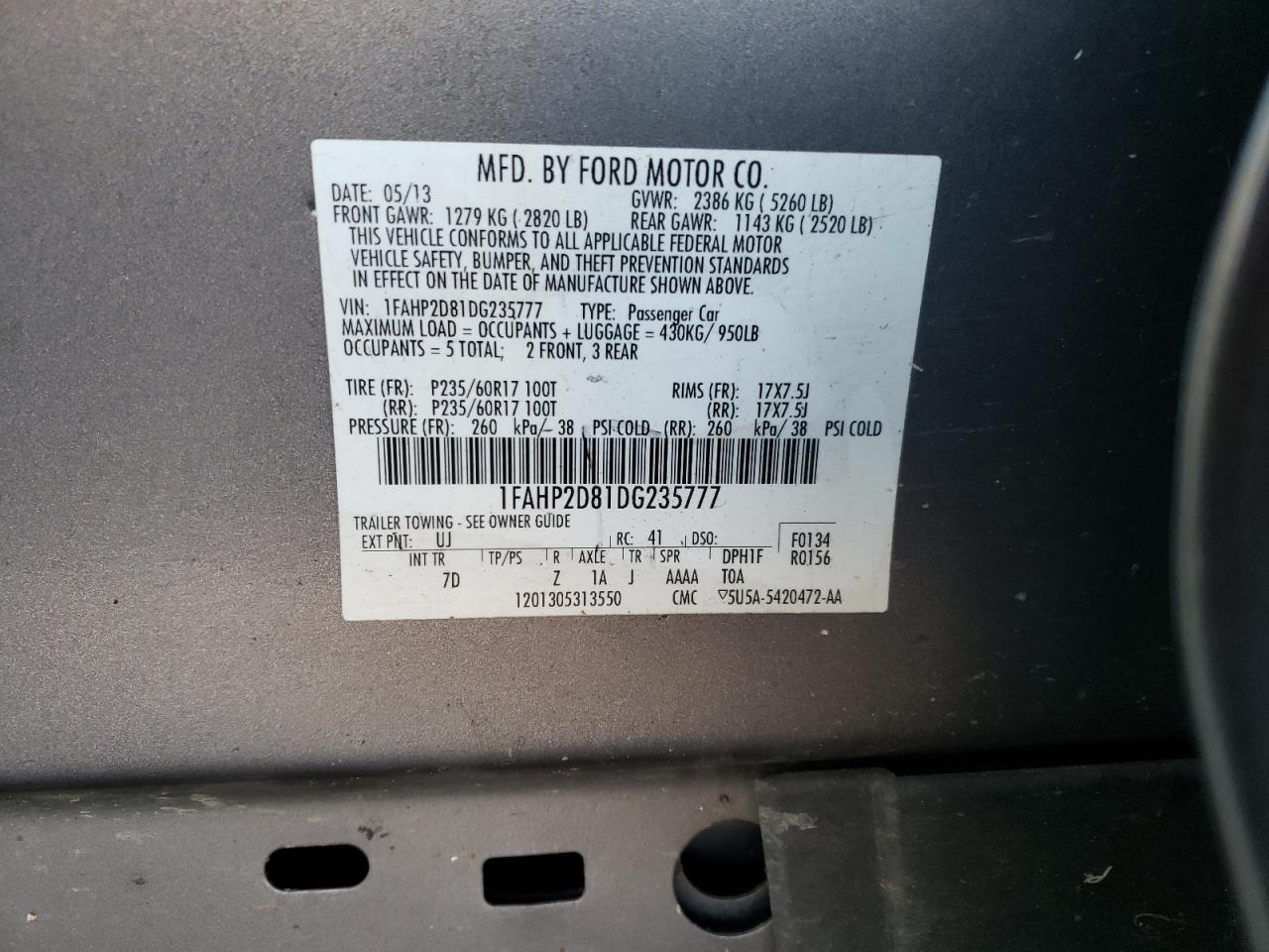 Photo 10 from auction – 2013 FORD TAURUS SE with VIN 1FAHP2D81DG235777