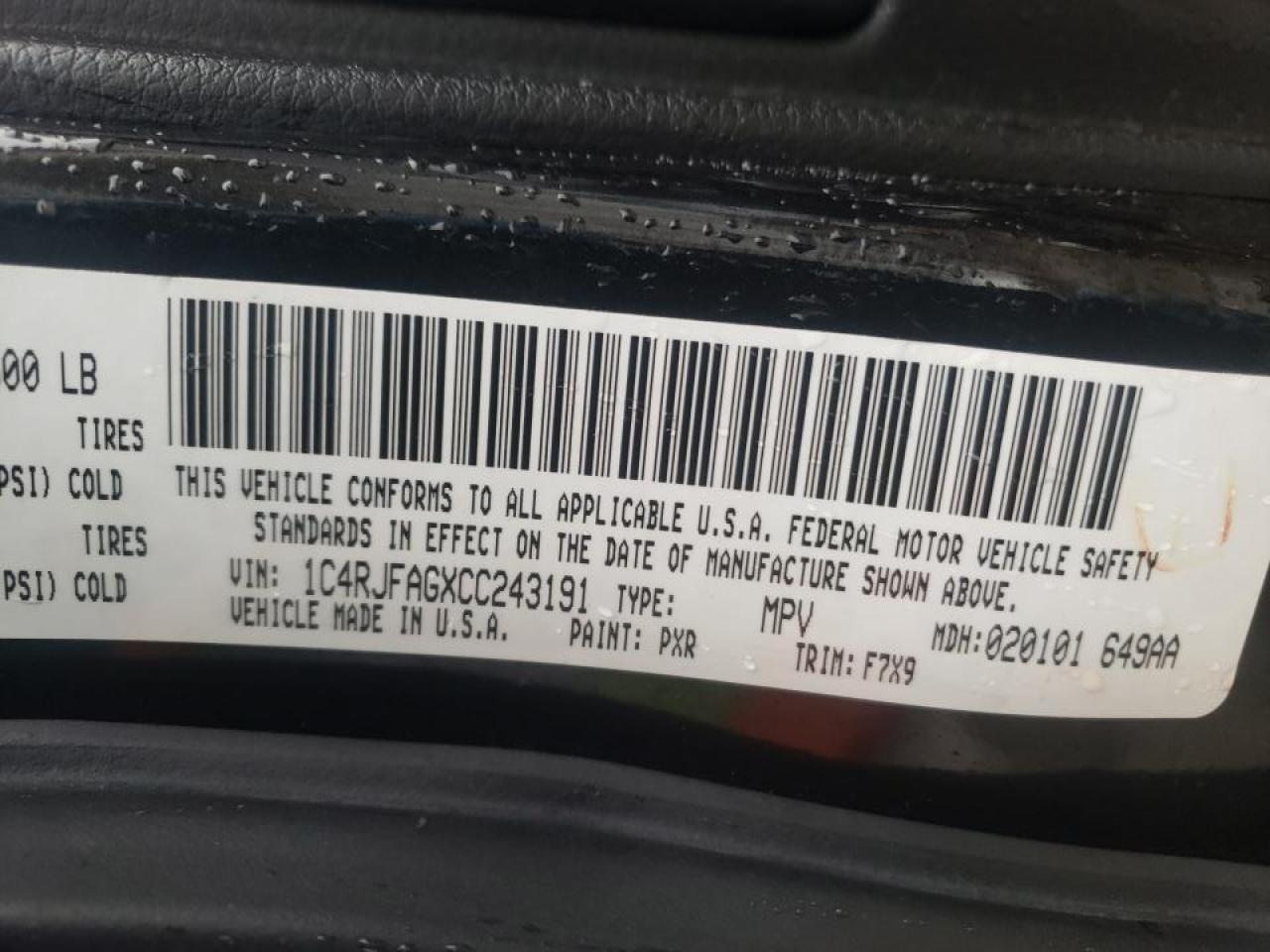 Photo 10 from auction – 2012 JEEP GRAND CHER with VIN 1C4RJFAGXCC243191
