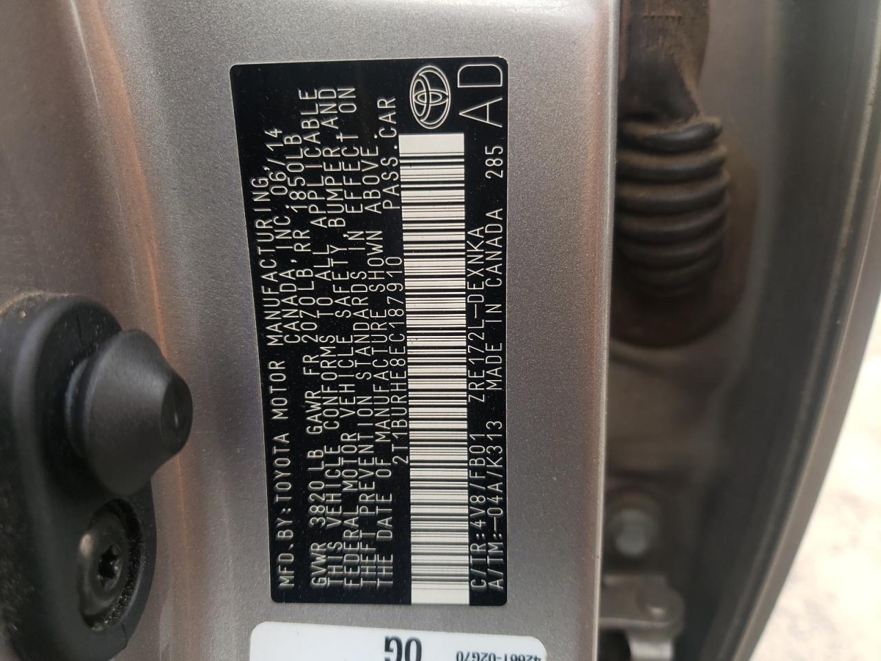 Photo 10 from auction – 2014 TOYOTA COROLLA L with VIN 2T1BURHE8EC187910