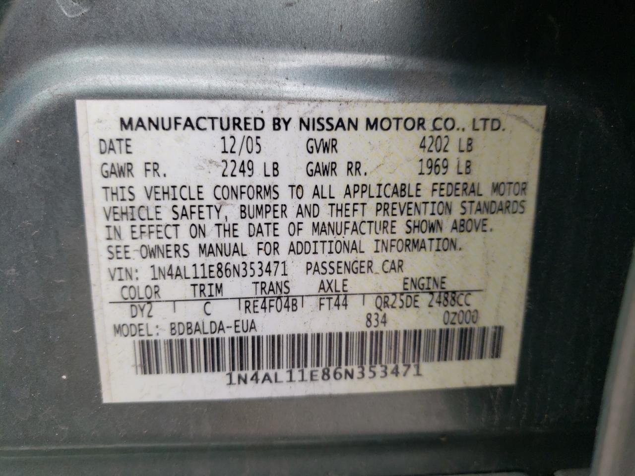 Photo 10 from auction – 2006 NISSAN ALTIMA S with VIN 1N4AL11E86N353471