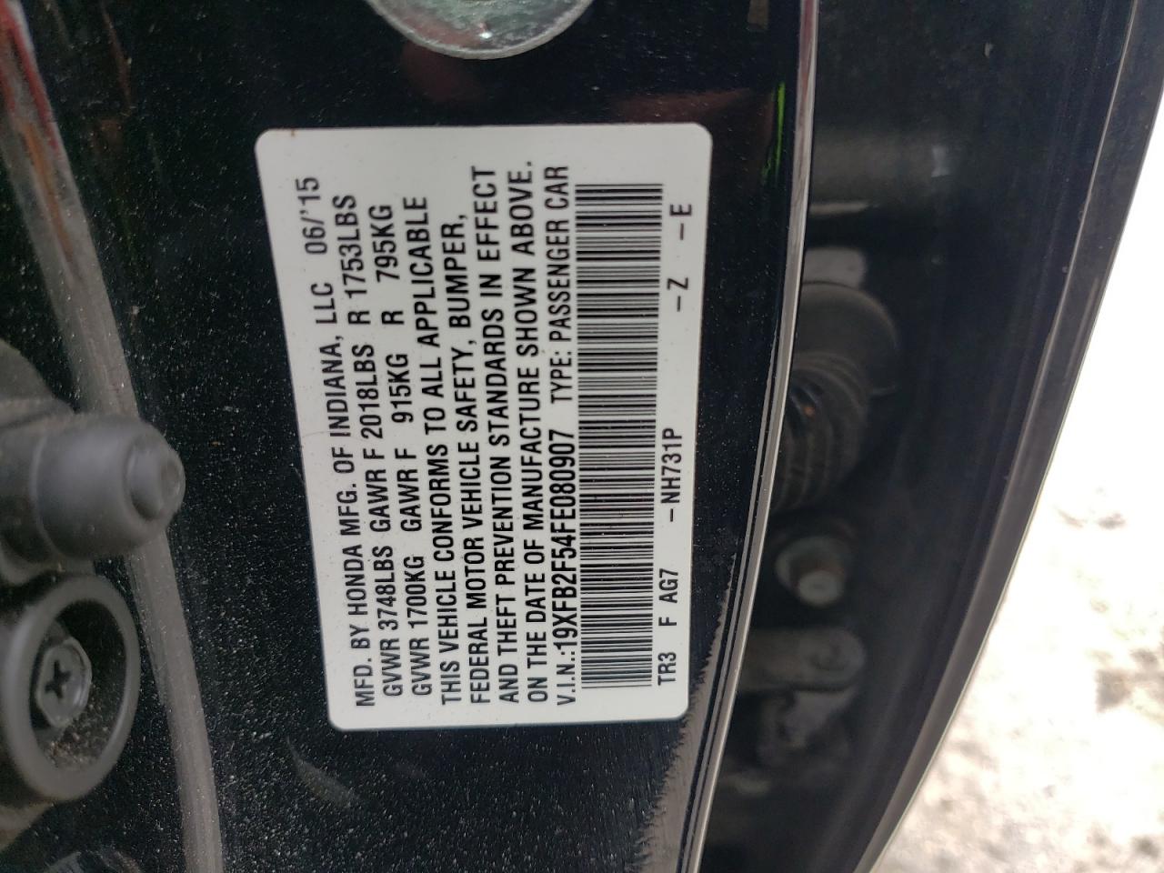 Photo 10 from auction – 2015 HONDA CIVIC LX with VIN 19XFB2F54FE080907