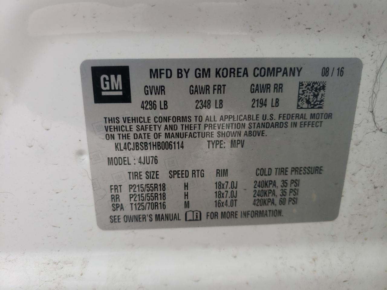Photo 10 from auction – 2017 BUICK ENCORE PRE with VIN KL4CJBSB1HB006114
