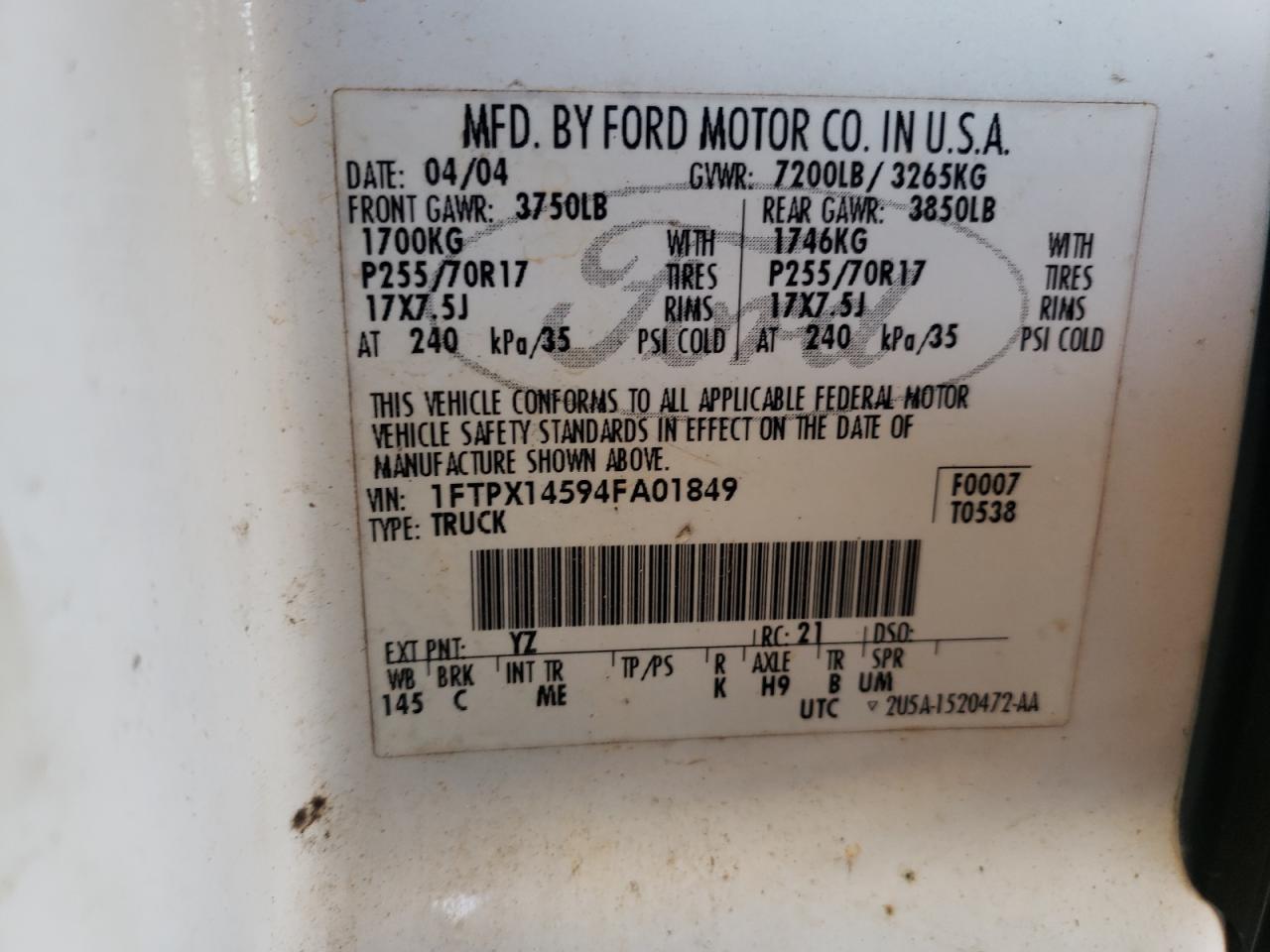 Photo 10 from auction – 2004 FORD F150 with VIN 1FTPX14594FA01849