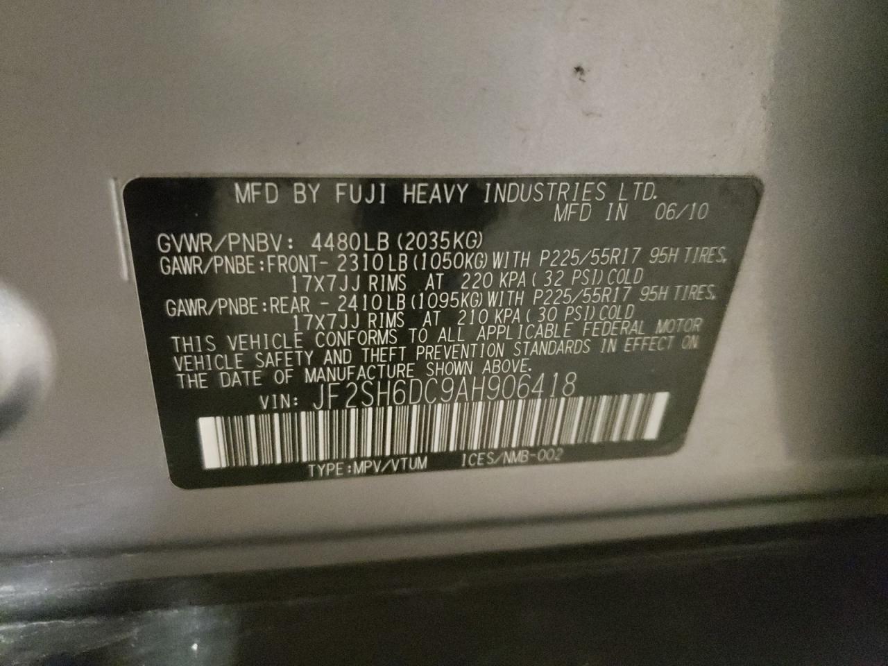 Photo 10 from auction – 2010 SUBARU FORESTER with VIN JF2SH6DC9AH906418