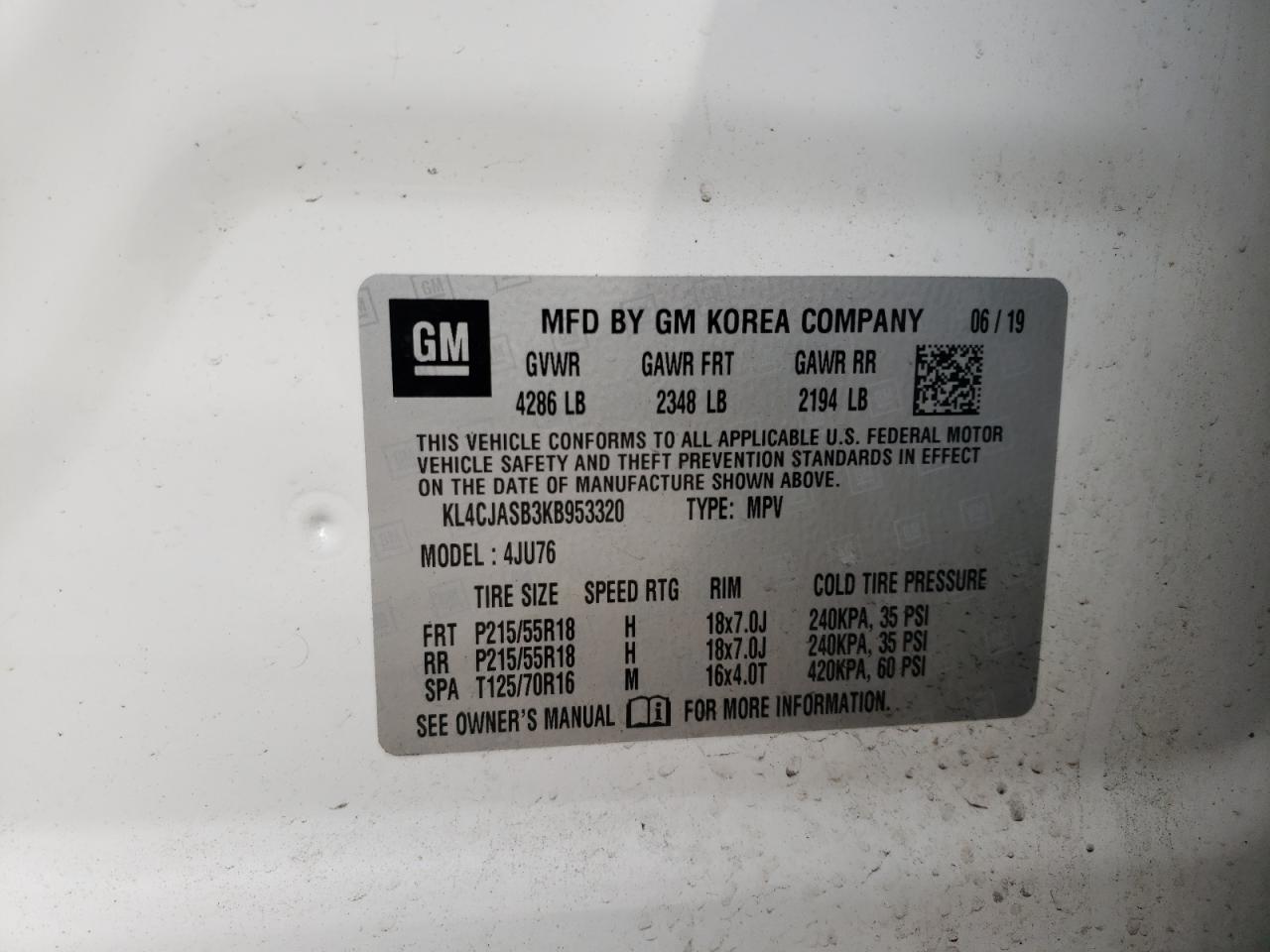 Photo 10 from auction – 2019 BUICK ENCORE PRE with VIN KL4CJASB3KB953320