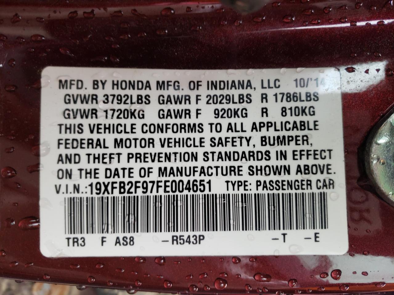 Photo 10 from auction – 2015 HONDA CIVIC EXL with VIN 19XFB2F97FE004651